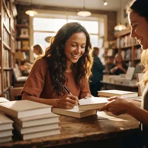 Signing copies of her own book