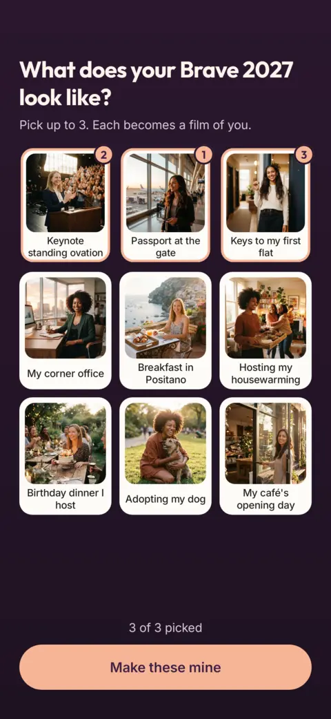 VisionReel goal picker: a grid of polaroid scenes with 3 picked