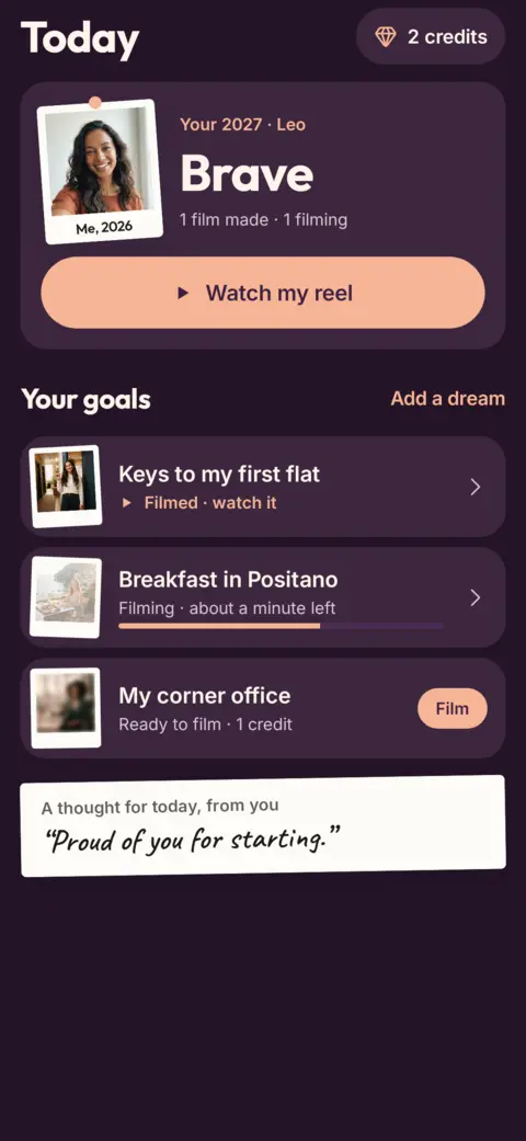VisionReel Today screen: your word 'Brave', your goals and a note to yourself