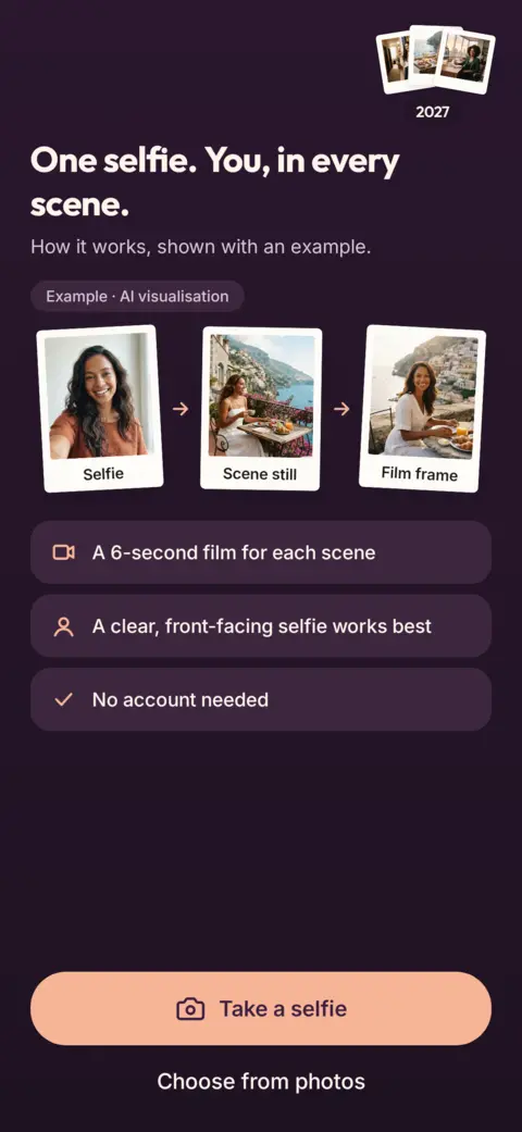 VisionReel 'One selfie. You, in every scene.' explainer screen